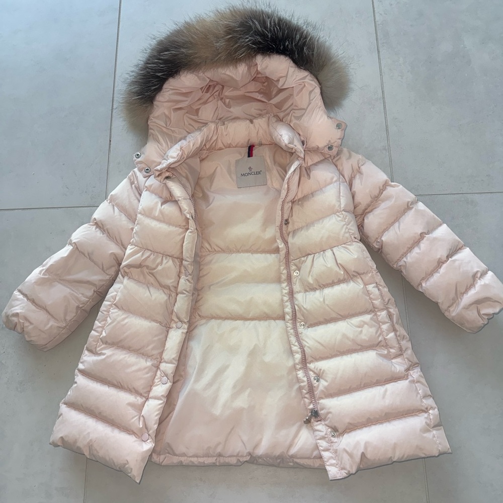 MONCLER GIRLS LIGHT PINK PLUSH FUR TRIM HOOD 'NESTE' JACKET